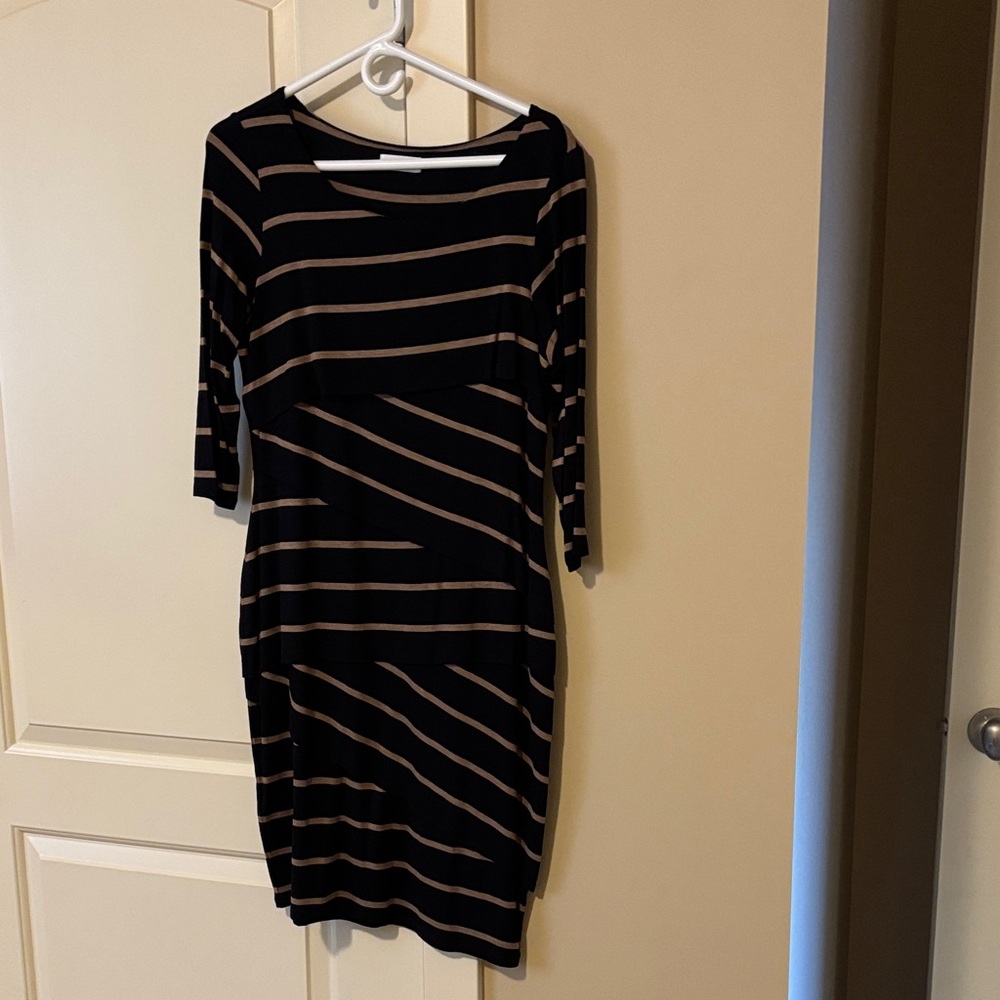 Calvin Klein Black and Tan Striped Long Sleeve Dress